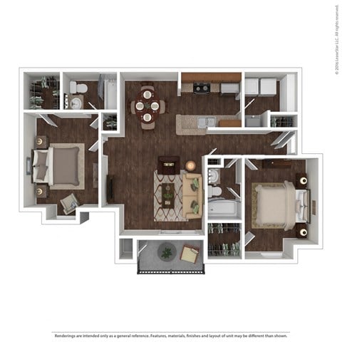 Floor plan for 2 beds, 2 baths, 1036 sqft